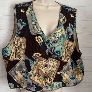 Jeri Marque Size 2X Vintage Egyptian Revival & Floral Print 100% Silk Vest